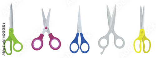 Set of cute scissors in cartoon style. Vector illustration of colored scissors of different shapes isolated on white background. Stationery and office supplies.