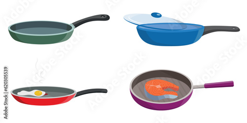 Set of beautiful pans in a cartoon style. Vector illustration of various pans for cooking, frying with and without lids, fried eggs and salmon, isolated on white background.