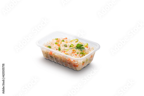 rice in plastic pot on white background