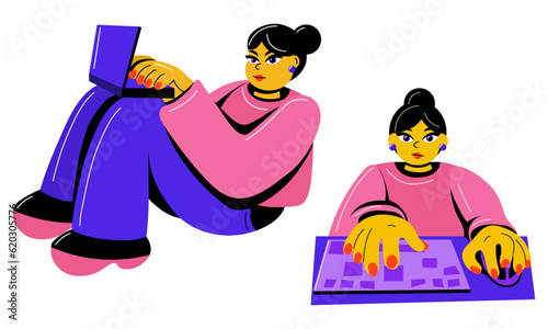 A group of girls correspond with someone from a laptop and a computer. Communicates via the Internet. Emotional girls relax, communicate, work remotely. A bright character on a white background