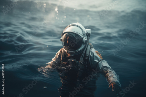 An astronaut is floating in the ocean. Spaceman in the underwater. Generative AI