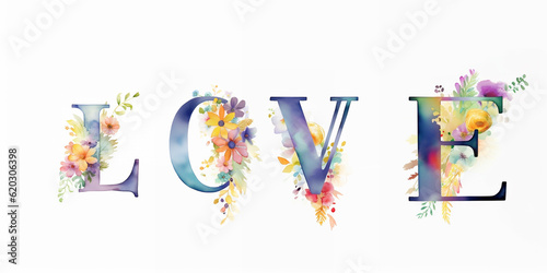 Embrace the Artistry word " Love " : Vibrant Watercolor Lettering with Blossoming Floral Delights