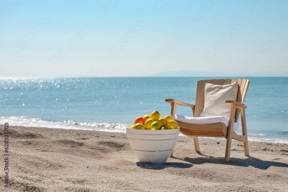 Sun lounger and fruit basket with lemons on the beach with the sea in the background Sun lounger and fruit basket with lemons on the beach with the sea in the background