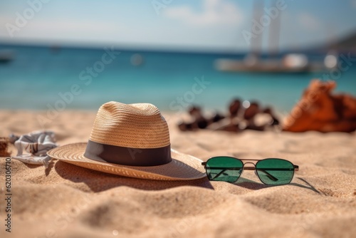 Straw hat and sun glasses on the sand in the background of the sea