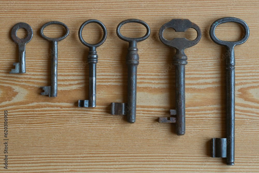 Old rusty keys lined up from the smallest to the biggest Old rusty keys lined up from the smallest to the biggest
