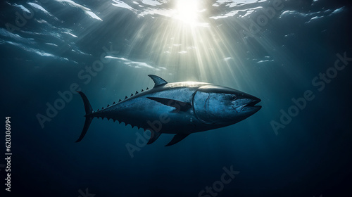 Atlantic bluefin tuna (Thunnus thynnus) swimming in the deep waters of the Atlantic Ocean photo