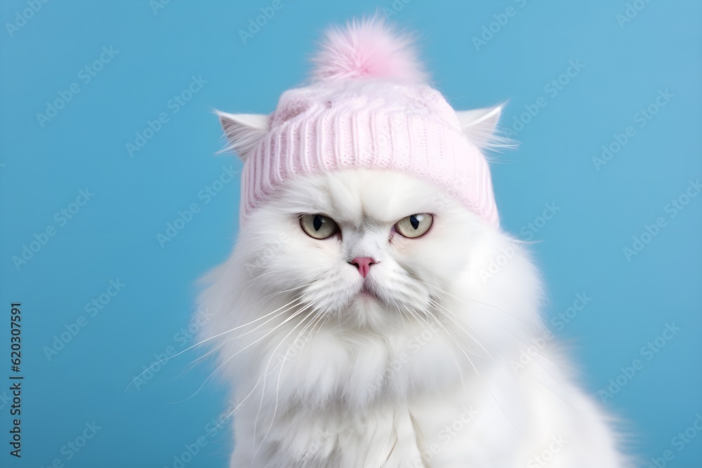 Cute white cat with whiskers wearing pink hat on blue background. Perfect pet portrait - AI generated
