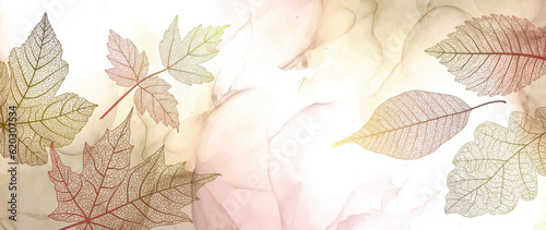 Modern creative design, background marble texture with leaves. Alcohol ink. Vector illustration.