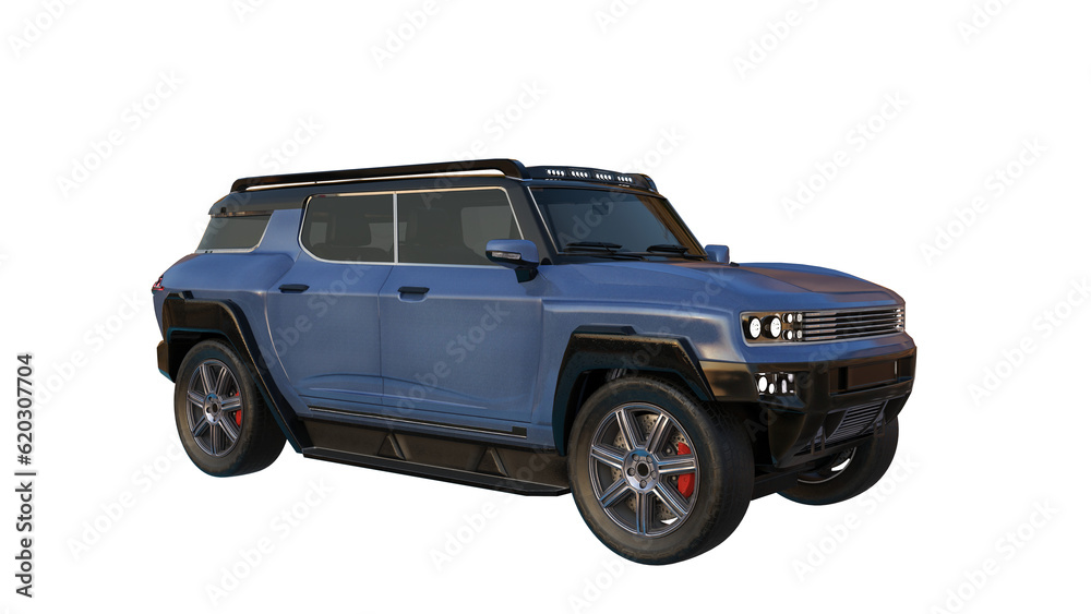 Light blue generic SUV motor car with headlights on. Isolated 3D illustration.