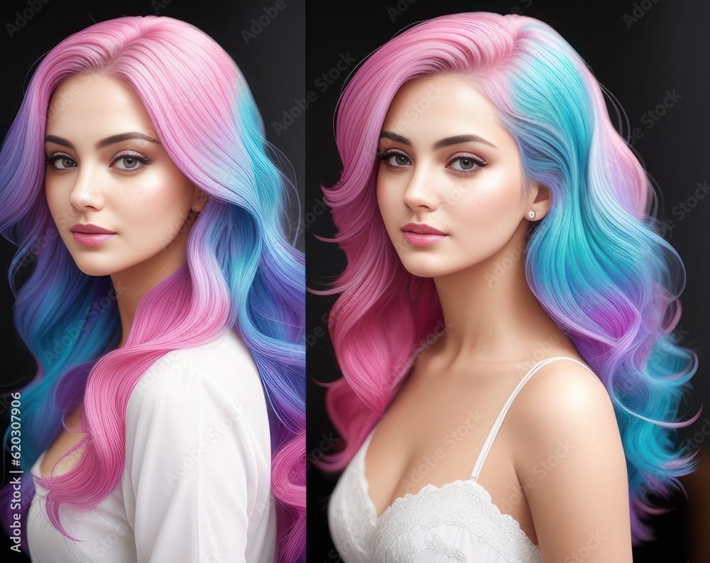 Long pink hair girl. Hair, beauty and portrait of woman in studio for wellness, keratin treatment and hair products. Salon woman aesthetic for cosmetics, hairstyle and luxury hair care. Generative AI Long pink hair girl. Hair, beauty and portrait of woman in studio for wellness, keratin treatment and hair products. Salon woman aesthetic for cosmetics, hairstyle and luxury hair care. Generative AI