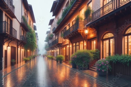 Empty streets and roads with no traffic during rainy days in asian city. Generative AI © useful pictures