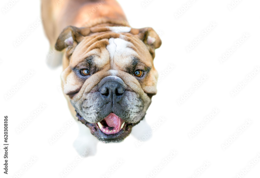 A happy English Bulldog outdoors looking up at the camera A happy English Bulldog outdoors looking up at the camera