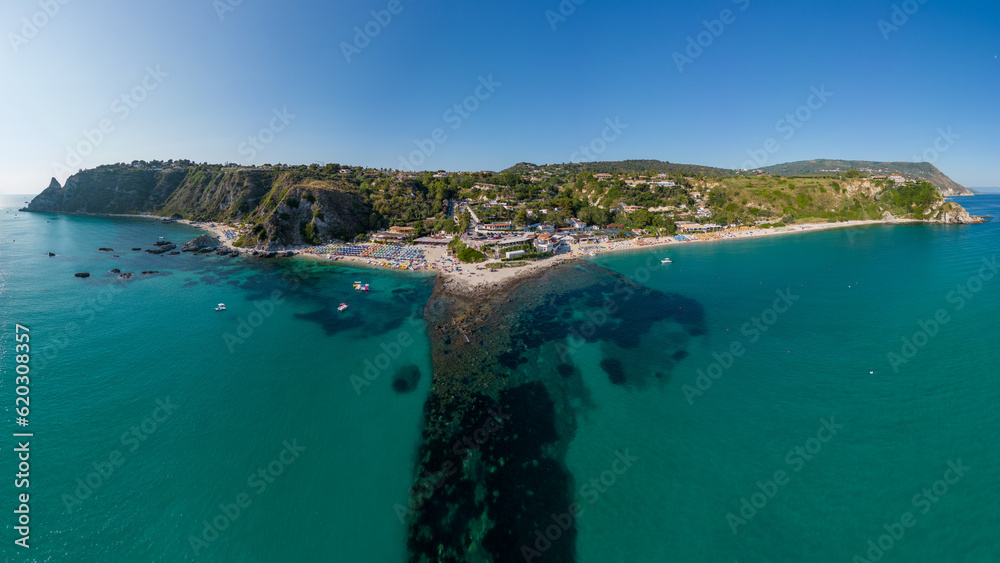 Italy, July 2023: aerial view of a crystal clear Caribbean sea at Capo Vaticano near Tropea in Calabria