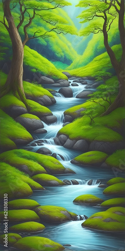 Cartoon river in the forest. AI generated illustration