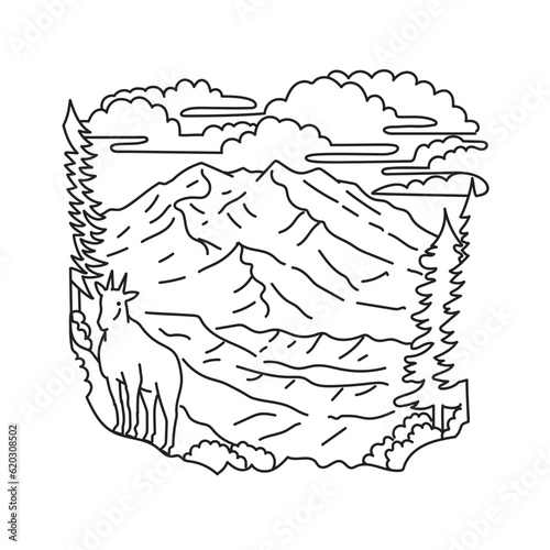 Mono line illustration of mountain goat in Denali National Park and Preserve, formerly known as Mount McKinley National Park Alaska n the United States of America USA done in monoline line art style.