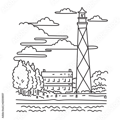 Mono line illustration of Cape Lookout Lighthouse in Harkers Island located on the Outer Banks of North Carolina in the United States of America USA done in monoline line art style.