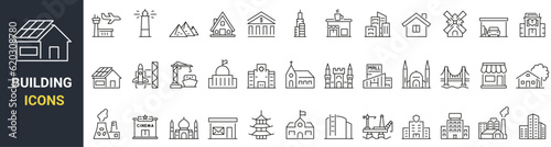 Set of 36 web icons Building in line style. Airport  Office  Hotel  Hospital  Insurance  town house  mall  coffee  . Vector illustration.