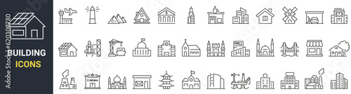Set of 36 web icons Building in line style. Airport, Office, Hotel, Hospital, Insurance, town house, mall, coffee, . Vector illustration.