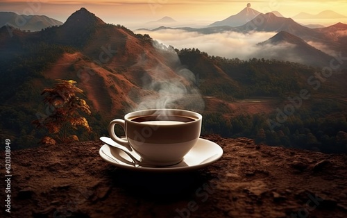 Coffee cup with hot steaming coffee on the top of mountain with view to the beautiful mountain scene generative ai