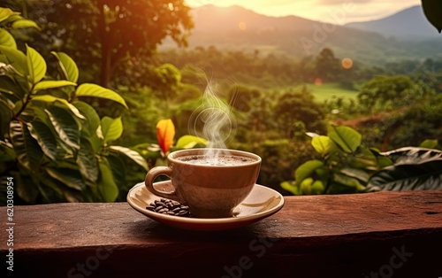 Coffee cup with hot steaming coffee on a table on the top of mountain with view to the beautiful tropical landscape or plantation scene generative ai