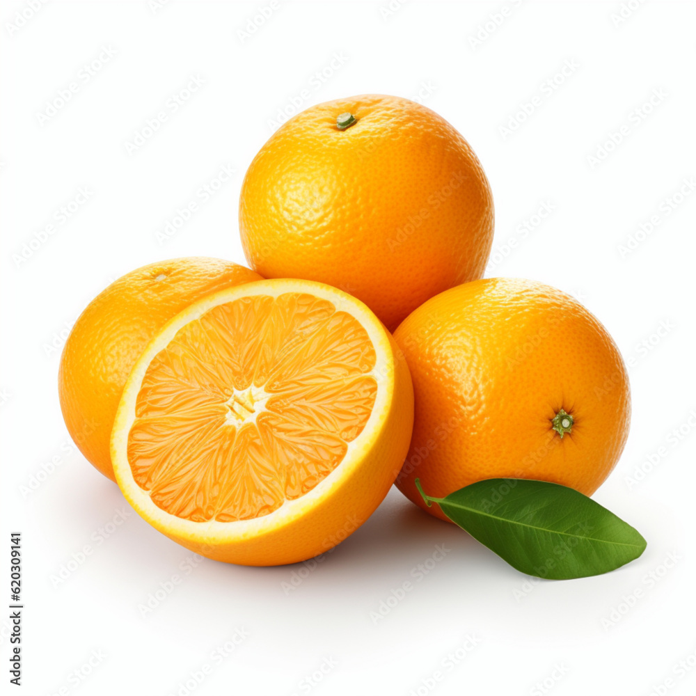 Illustration, AI generation. Oranges on a white background.
