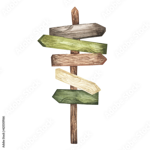 wooden signpost on a tourist route watercolor hand drawn. Way sign to summer camp, hiking trail. Guidepost arrow. Sketch isolated illustration