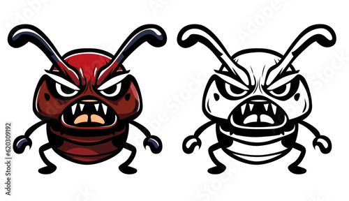 Angry bug cartoon mascot vector illustration, Mad insect with angry face stock vector image, colored and black and white line art