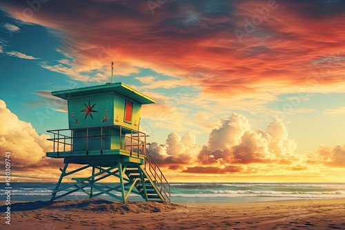 lifeguard tower on ocean beach with colorful sky Generative AI