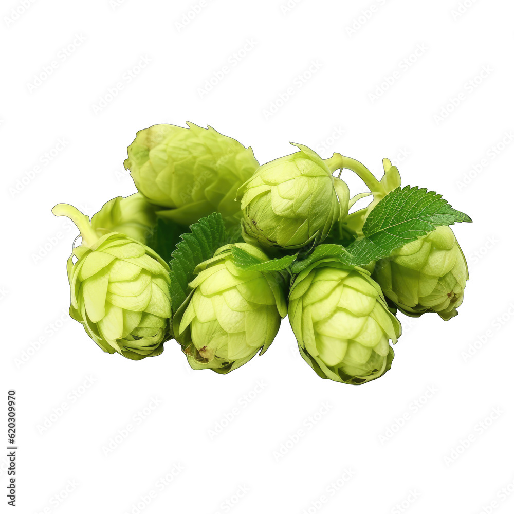 Obraz premium a close-up view of fresh green hops on a clean white background