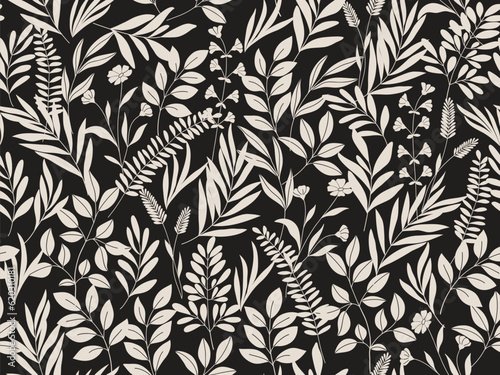 Seamless floral background with leaves. Hand drawn minimal abstract organic shapes pattern. Vector black abstact pattern with grey leaves and flowers.