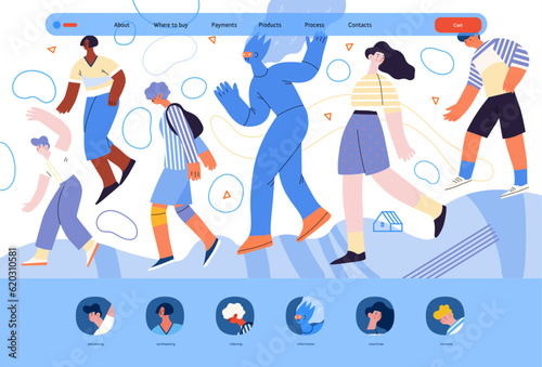 Artificial intelligence, AI and humanity -modern flat vector concept illustration of AI character walking among people in everyday life. Metaphor of AI advantage, benefit, friendliness concept