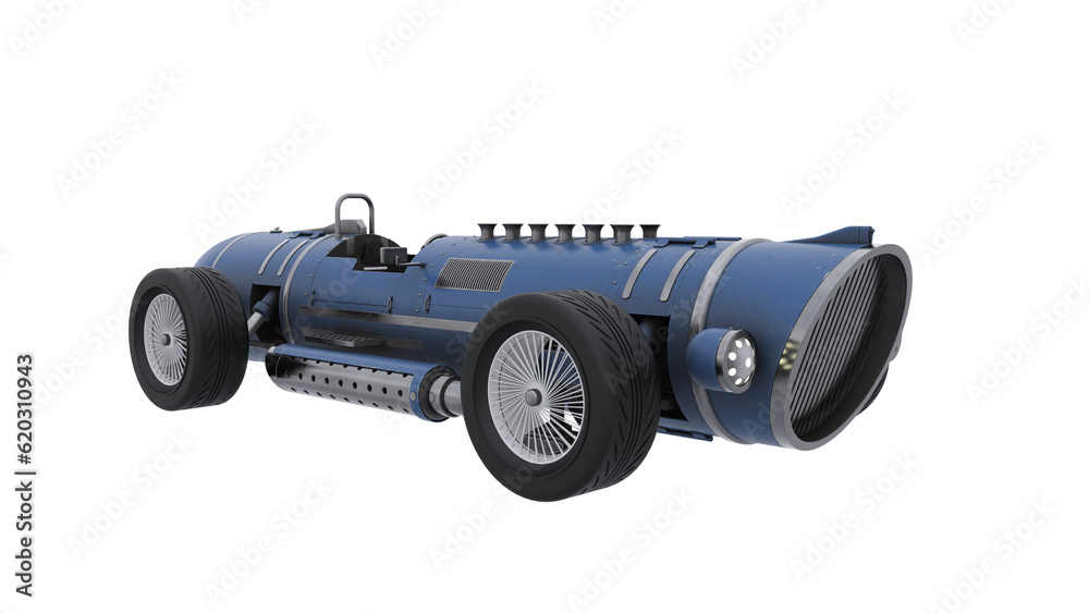 Retro futuristic fantasy blue racing car. 3D illustration isolated. Retro futuristic fantasy blue racing car. 3D illustration isolated.