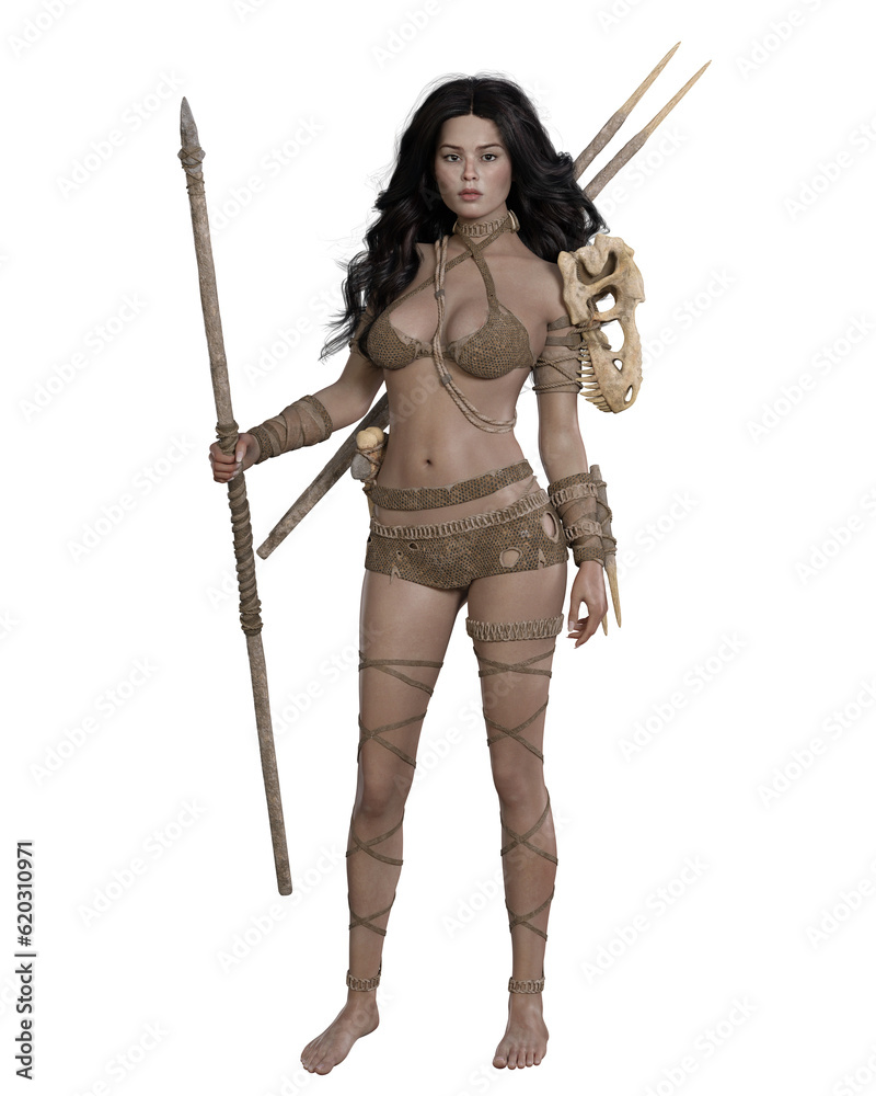 Full length portrait of a fantasy warrior woman holding a spear. Isolated 3D illustration. Full length portrait of a fantasy warrior woman holding a spear. Isolated 3D illustration.