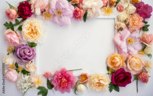flower message card,  olorful rose flowers framed with empty space.  Generative AI © omune