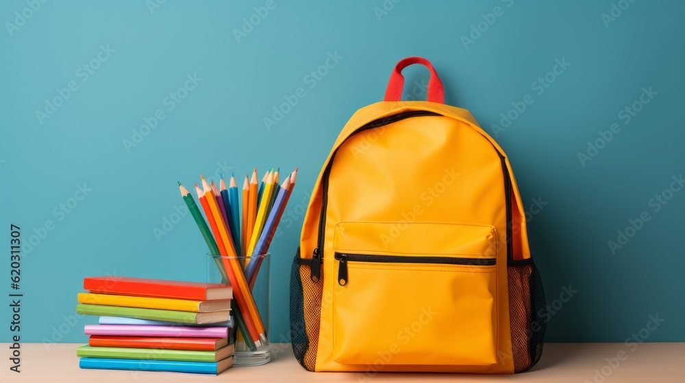 Neatly Arranged Essential School Supplies with Backpack. Generative AI Neatly Arranged Essential School Supplies with Backpack. Generative AI
