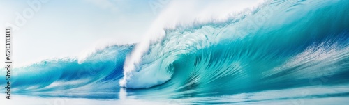 Big breaking blue ocean wave. Surfing summer wave banner - Generative AI