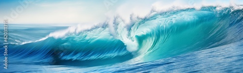 Big breaking blue ocean wave. Surfing summer wave banner - Generative AI © mozZz
