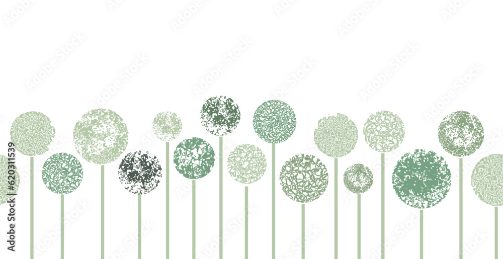 Obraz premium seamless border background with hand drawn abstract green flowers like allium and dandelion on white. Doodle style floral illustration.