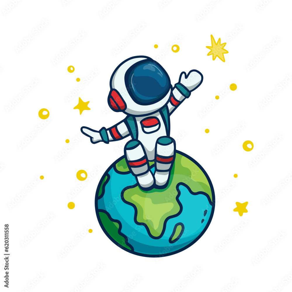 Naklejka premium cute astronaut sitting on the earth and playing with a star. Vector illustration 