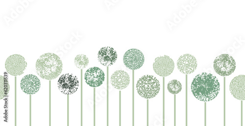 seamless border background with hand drawn abstract green flowers like allium and dandelion on white. Doodle style floral illustration.