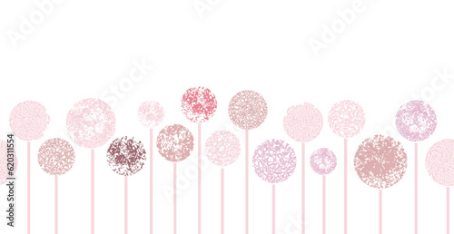 seamless border background with hand drawn abstract pink flowers like allium and dandelion on white. Doodle style floral illustration.