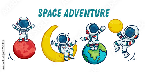 set of cartoon astronauts isolated on white background. Doodle style, for book. Vector illustration

