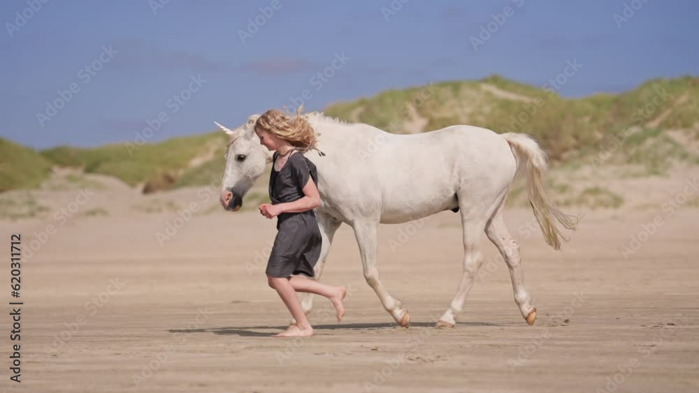 Girl And Unicorn Walking Side By Side Girl And Unicorn Walking Side By Side