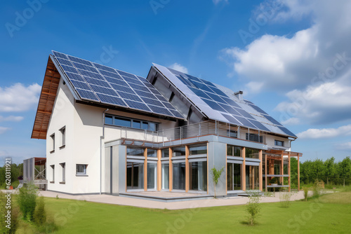 Modern eco-friendly single-family homes with photovoltaic cells, generative AI