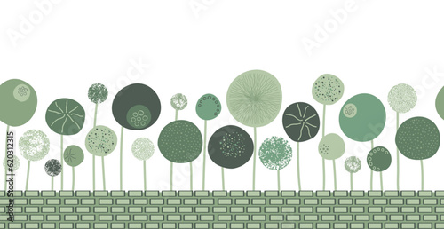 seamless border background with hand drawn abstract green flowers like allium and poppies behind a brick wall. Doodle style floral illustration. photo