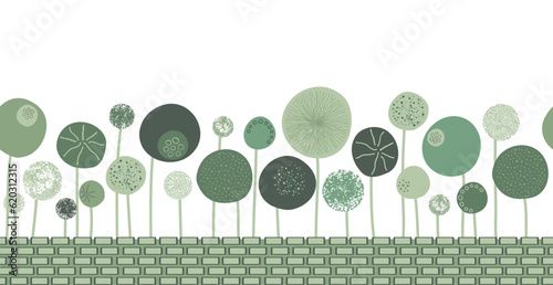 seamless border background with hand drawn abstract green flowers like allium and poppies behind a brick wall. Doodle style floral illustration.