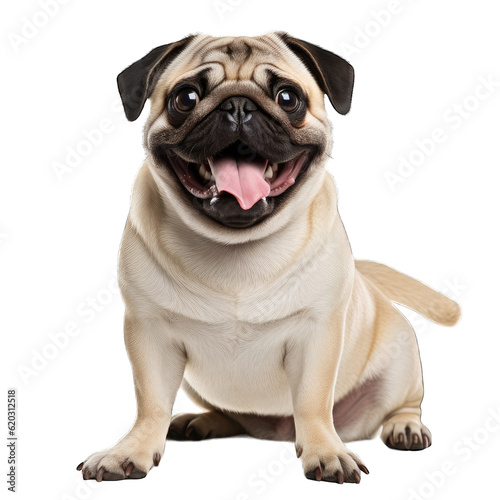 a cute pug sitting on the ground with its tongue out