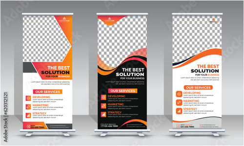 Business Roll Up Banner, corporate Roll up background for Presentation. Vertical roll up, x-stand, exhibition display, Retractable banner stand