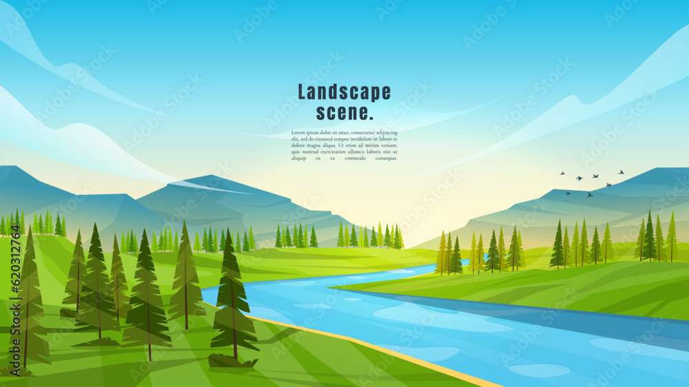 Vector illustration. Meadow polygonal landscape. Clear sky background. Lake by forest. Graphic modern ecology wallpaper. Abstract art. Minimalist style. Design element for web banner, website template