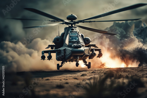 WAR SERIES, Combat Attack Helicopter Taking off Under Fire, created with Generative AI technology photo